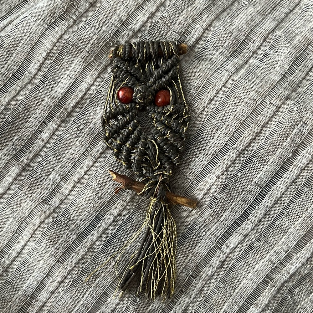 Handmade vintage macrame owl brooch